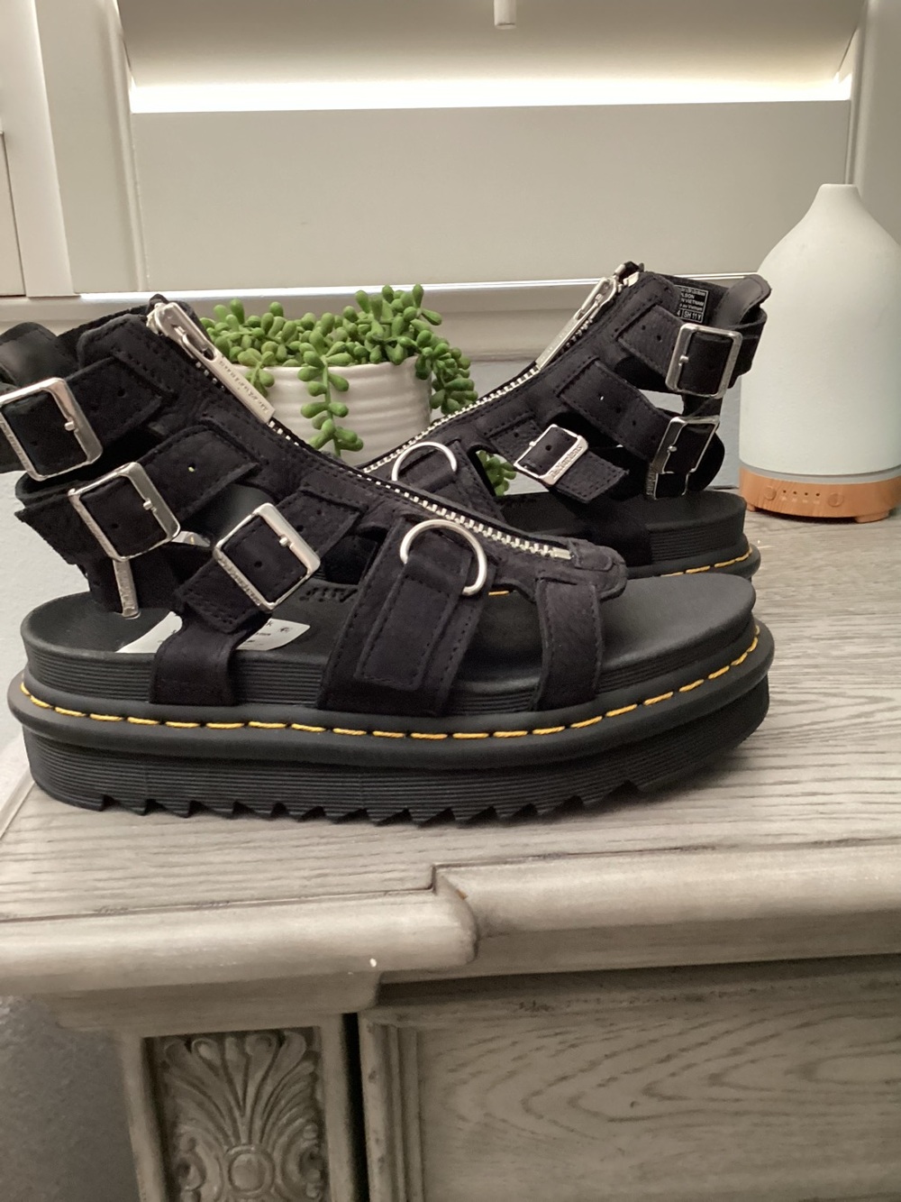 Dr. Martens Black Suede Buckle Platform Sandals